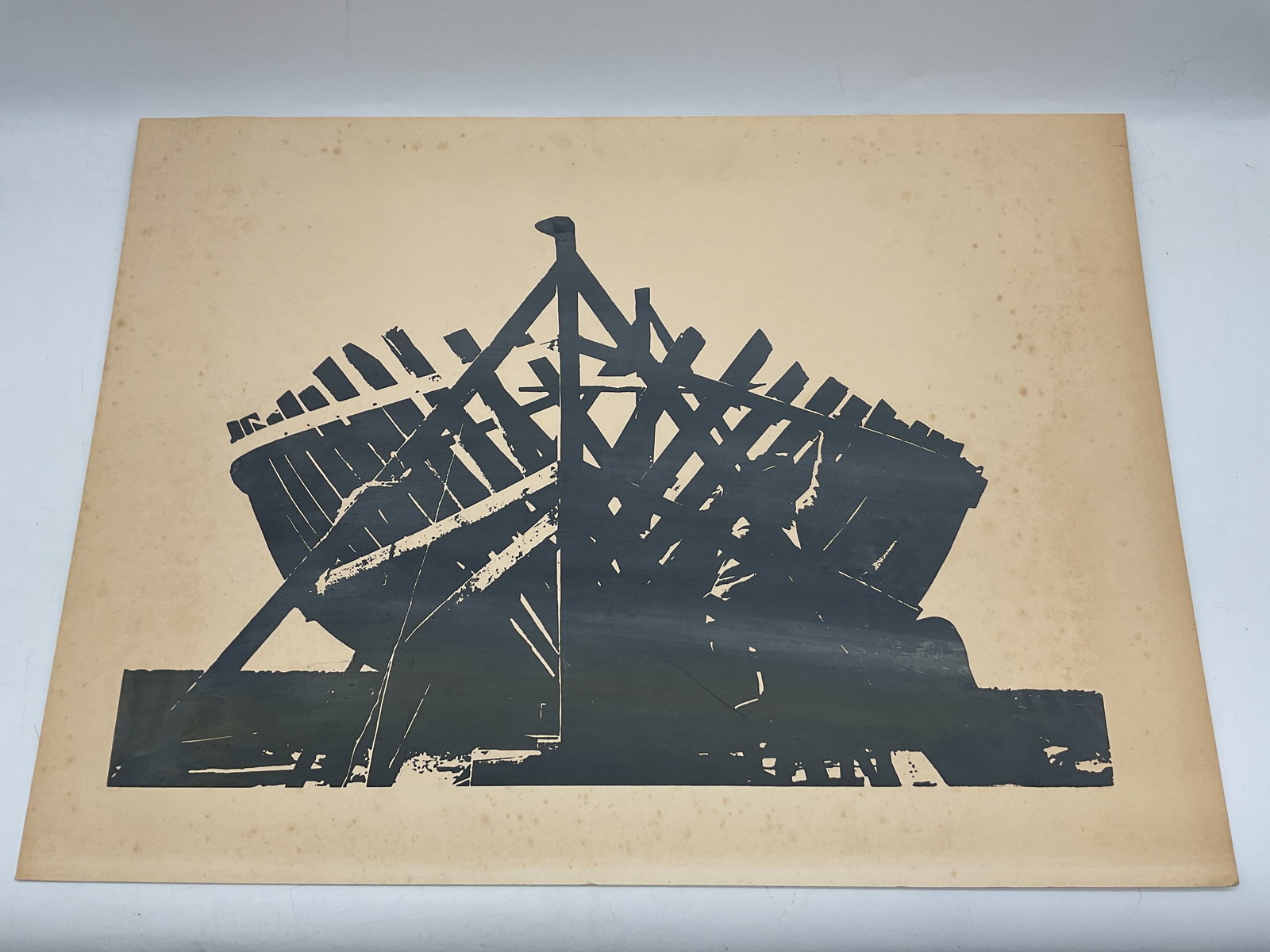 Abstract Boat Print: Abstract print depicting a deconstructed boat. Image is in black ink on a tan background. Dimensions: 22 x 30 inches.