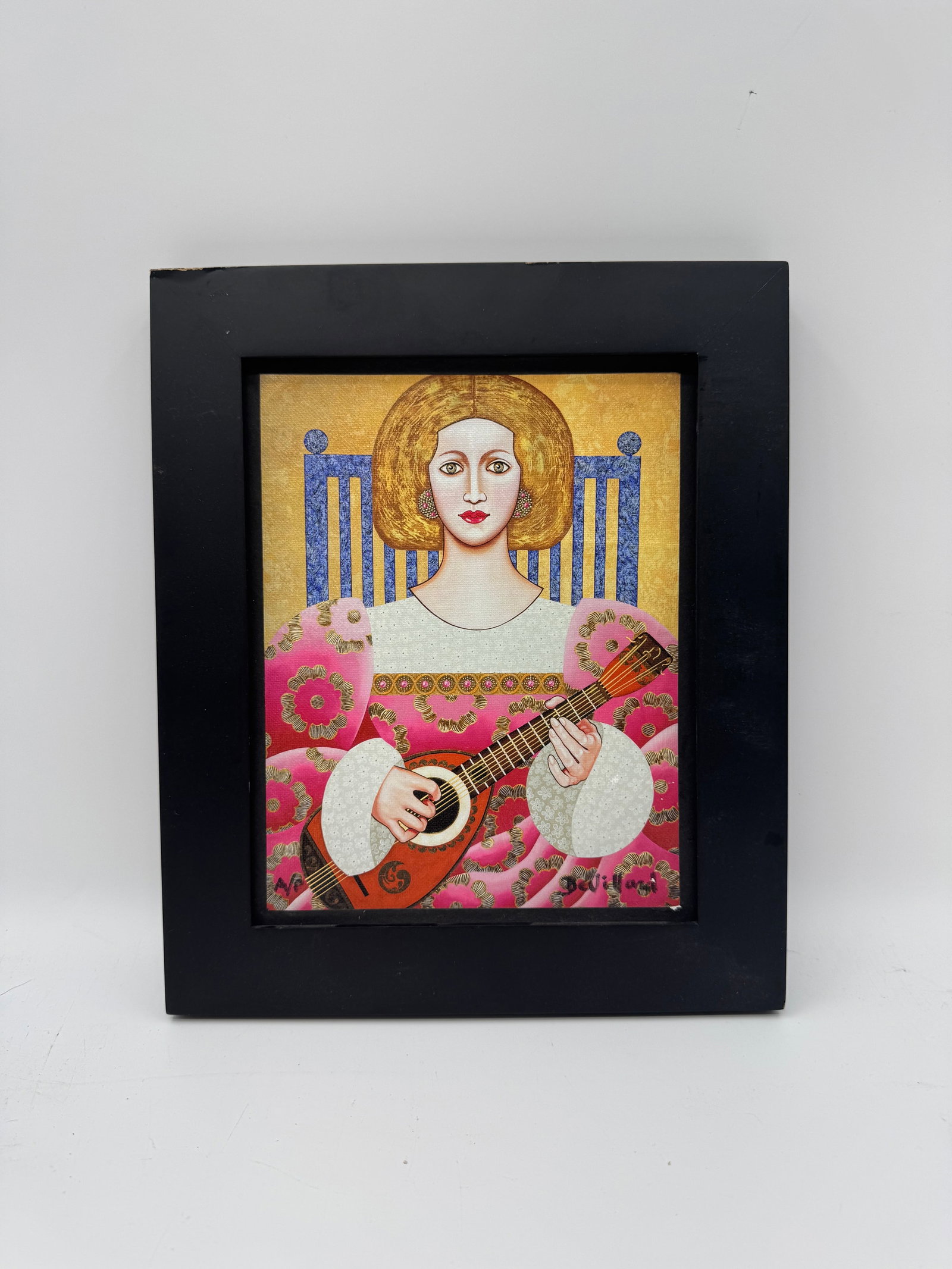 Woman with Guitar Serigraph, Artist Unknown: Striking serigraph depicting a stylized woman playing a guitar, rendered in vivid colors and intricate patterns. Signed and numbered by the artist in the lower right. Presented in a sleek black