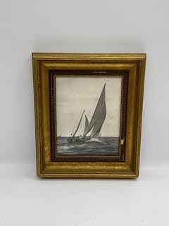 Sailboats, Graphite on Paper, Framed: Graphite drawing on paper depicting sailboats, presented in a decorative gilt frame. Image size approximately 12 x 14 inches. The artwork captures the essence of sailing with detailed rendering of the