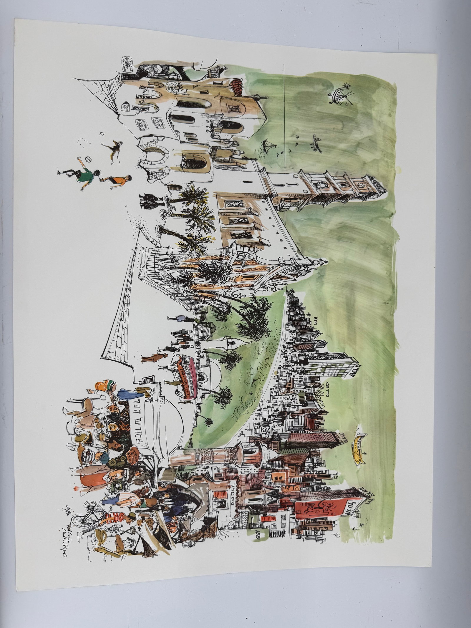 Tel Aviv by Papas: A lively illustration of Tel Aviv by Papas, portraying the city’s energetic atmosphere with detailed scenes of architecture, markets, and daily life. The artist combines humor and movement