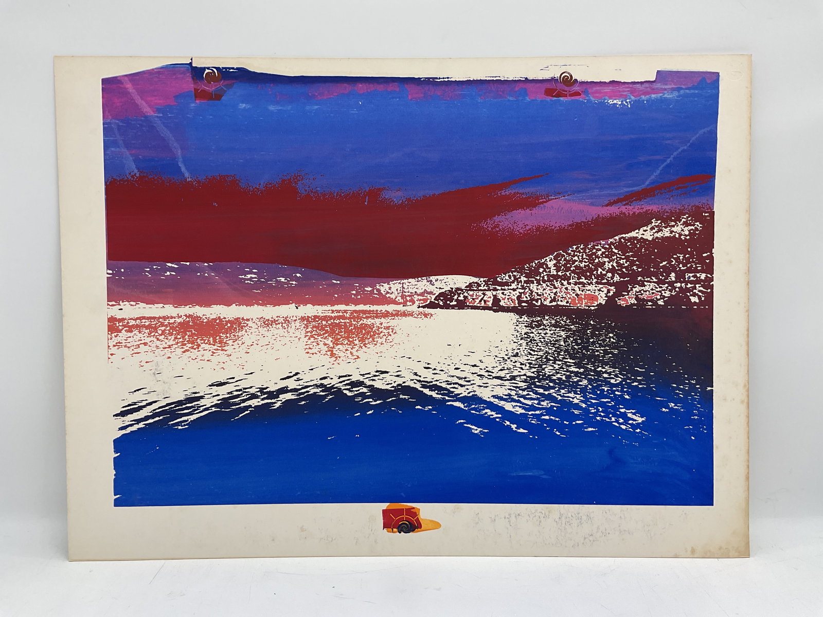Coastal Reflection artwork: Vivid modern lithograph depicting a shimmering coastal scene under a rich magenta and blue sky. The layered color fields and reflective water surface create a sense of movement and luminosity, blendin