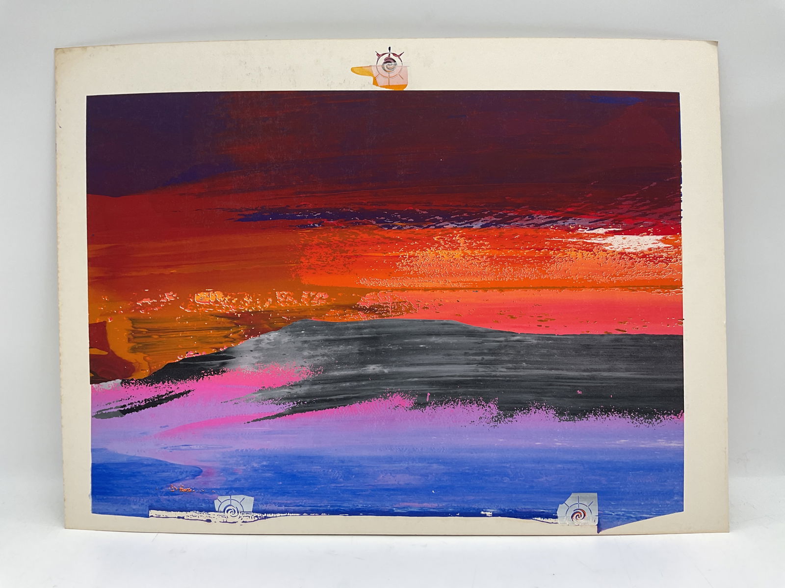 Abstract Horizon: Striking abstract lithograph featuring a vibrant blend of red, orange, magenta, blue, and gray tones layered horizontally to evoke a dramatic sunset over water. The textured gradients and painterly tr