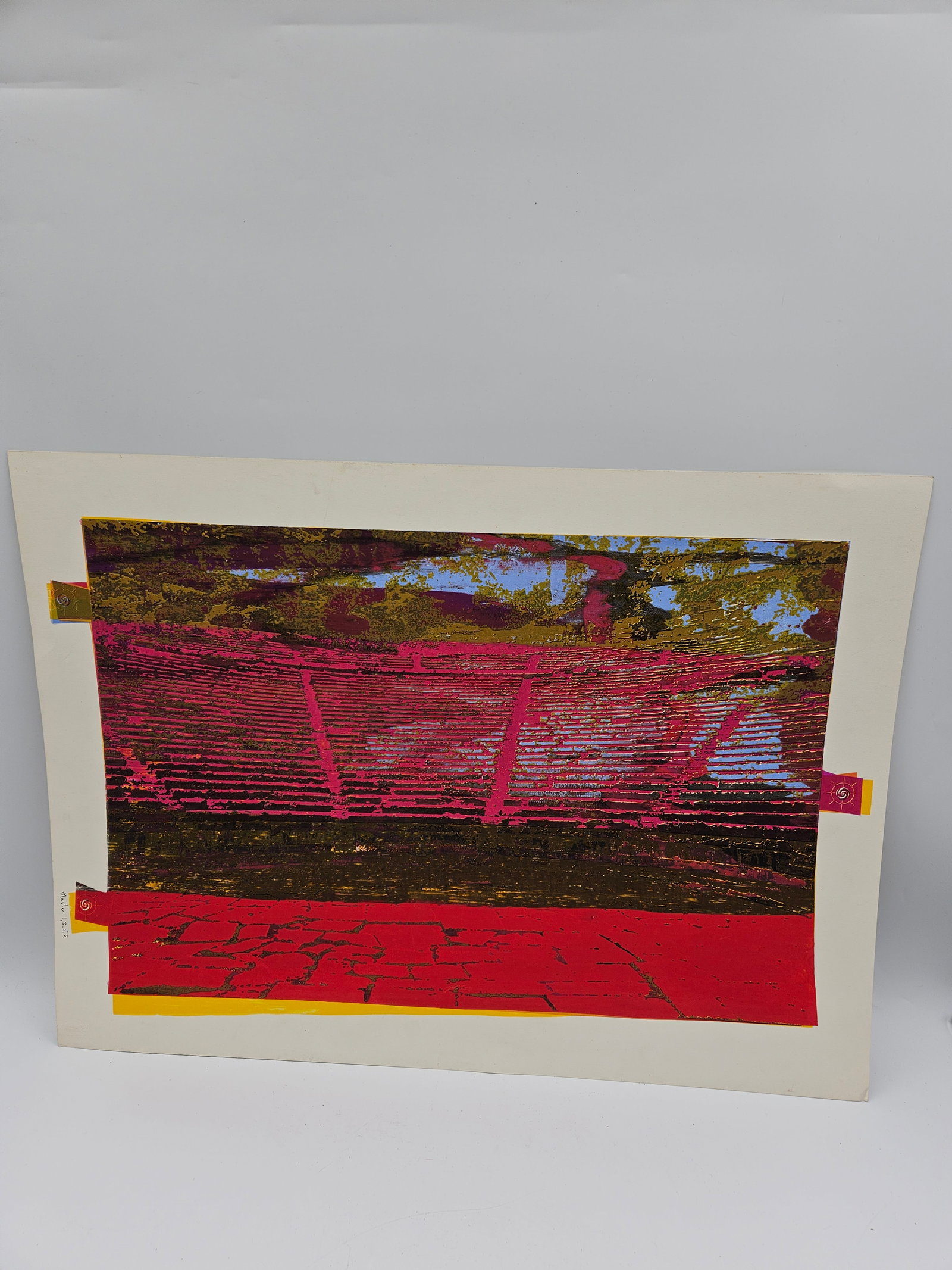 Abstract Red and Yellow Geometric Composition: Contemporary abstract artwork featuring layered red and yellow geometric forms with dynamic linear patterns and contrasting textures. The composition creates depth and motion through bold color