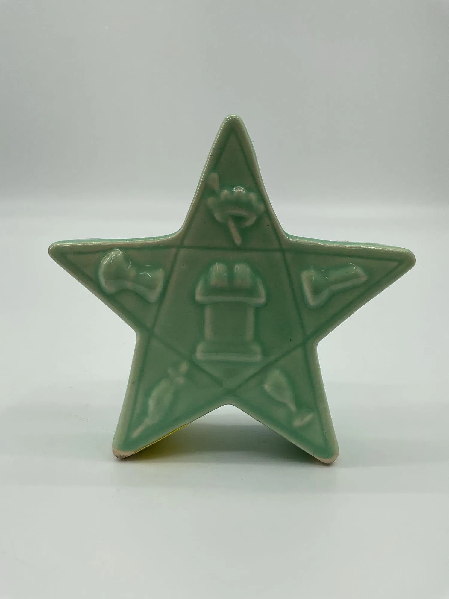 Freemason Eastern Star Ceramic Planter: Unique green glazed ceramic planter shaped like a five-point star, embossed with symbolic imagery associated with the Order of the Eastern Star, a Masonic appendant body. The piece features molded