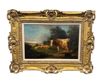 "Cow Pasture" by Eugene Verboeckhoven (Belgium, 1798-1881) Oil on Canvas