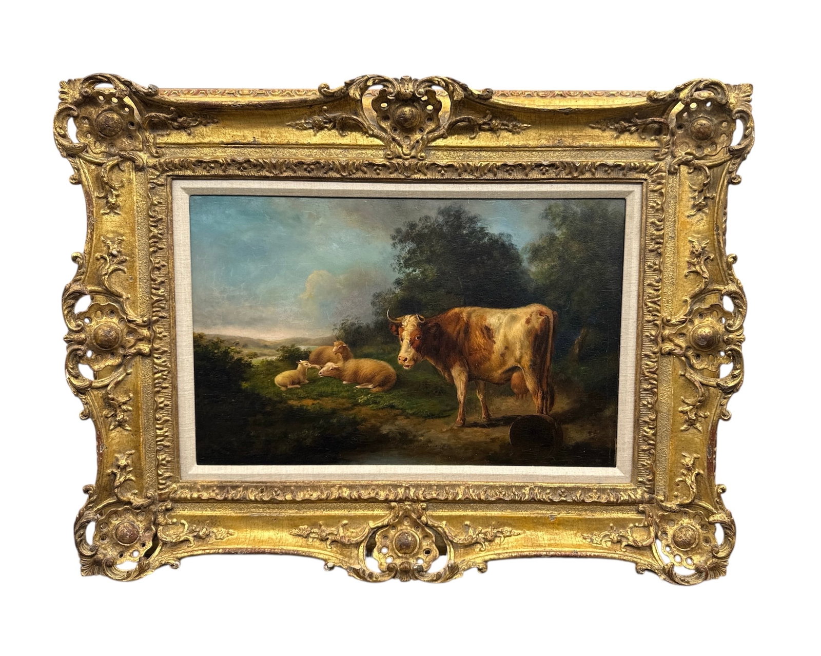 "Cow Pasture" by Eugene Verboeckhoven (Belgium, 1798-1881) Oil on Canvas: Description: A pastoral scene with cattle in a landscape. Verboeckhoven frequently collaborated with other landscape artists, often painting the animals in their scenes.About the
