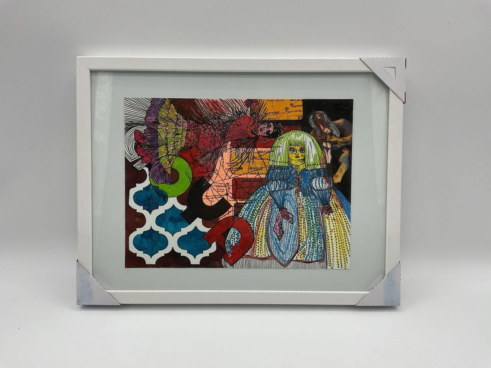 Map and Menina Figure by Daniel Garcia (Cuban/American) Mixed Media: Framed mixed media piece by Daniel Garcia featuring a stylized reinterpretation of Velázquez’s Menina figure layered over a map of Spain and abstract graphic elements. Dimensions: H13in L