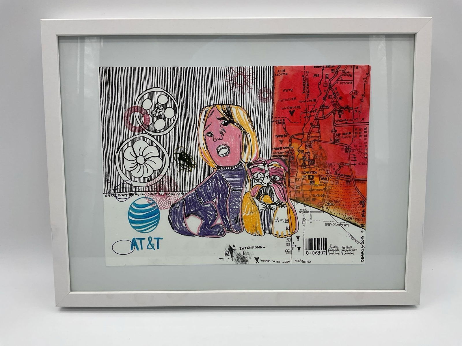 AT&T and West Palm Map by Daniel Garcia (Cuban/American) Mixed Media: Mixed media drawing by Daniel Garcia combining figures, commercial logos, and a printed map of West Palm Beach, featuring a stylized woman and dog against a layered graphic background.Dimensions: