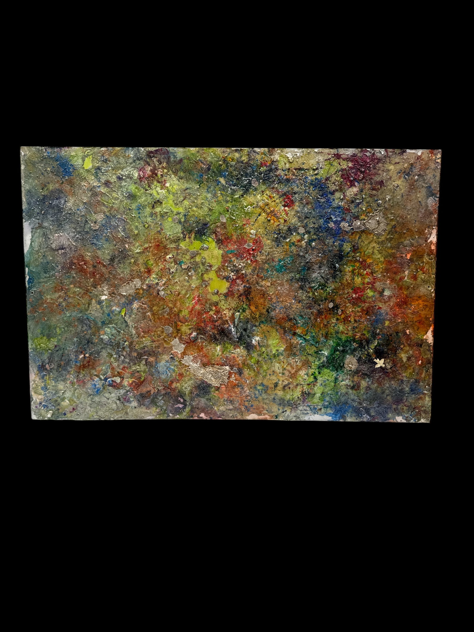 Pingo Abstract Colorfield Painting: Rich, heavily textured abstract painting by Pingo featuring layered impasto in a wide spectrum of colors including greens, yellows, reds, purples, and blues. Dense surface buildup and organic movement