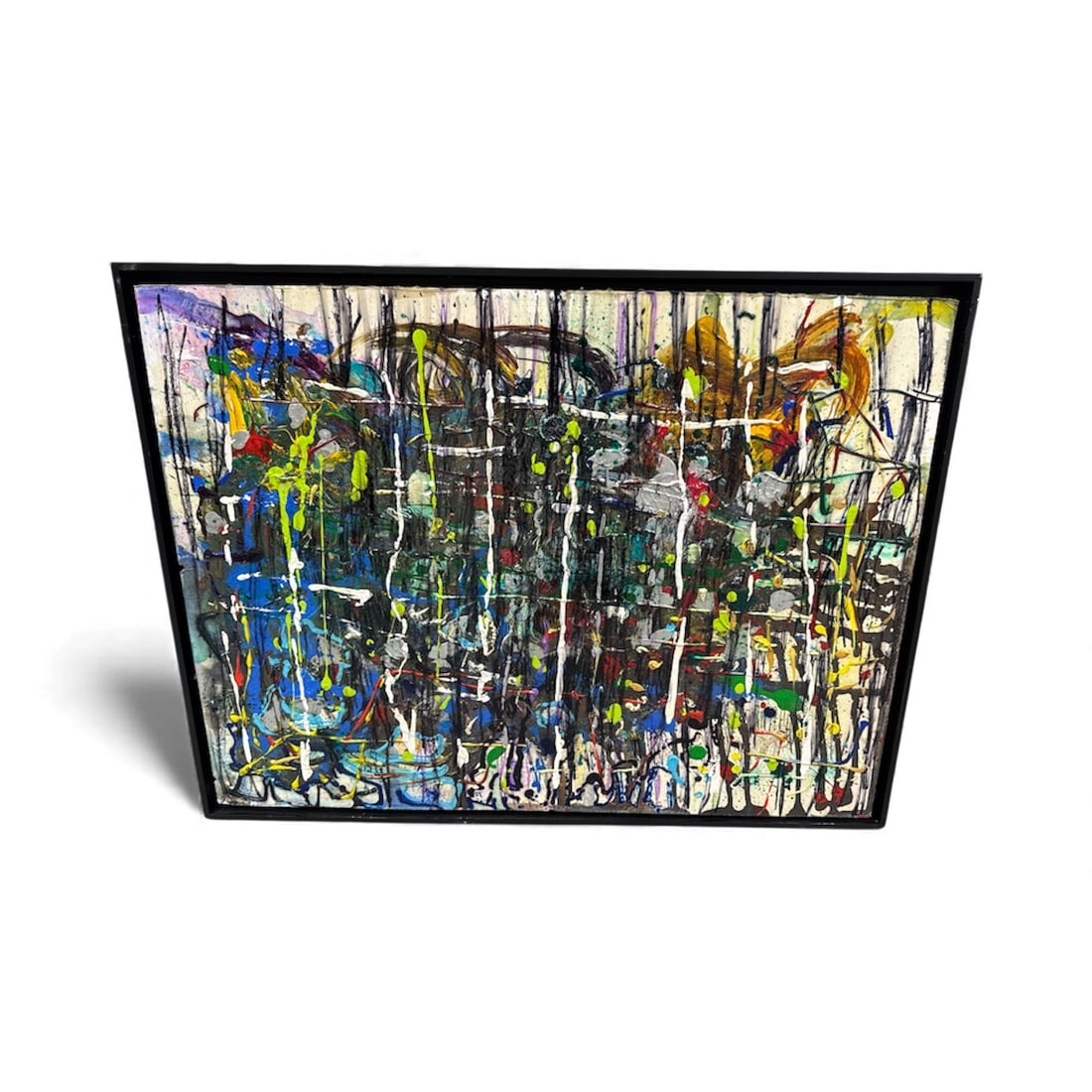 Pingo – Neoplastic: A vivid and densely layered abstract composition by Pingo, Neoplastic explodes with vertical and horizontal linear energy, interwoven with splashes of electric blues, yellows, greens, and reds. The pi