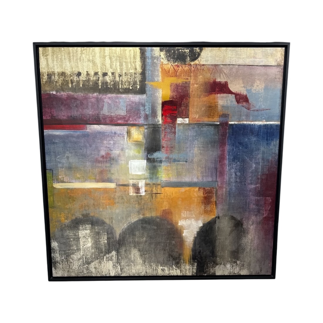 Abstract Expressionist Painting: Large abstract expressionist painting featuring a dynamic composition of geometric shapes and textured surfaces. Framed. Dimensions: H:61in W:62in