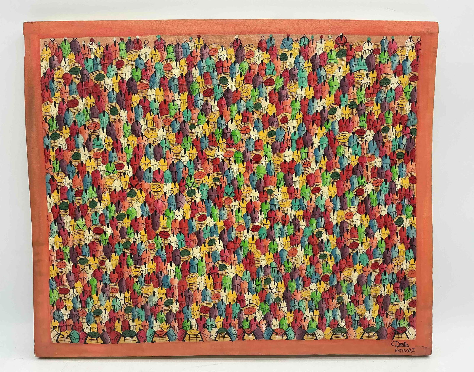 Crowd in Pink by Dody (Haiti) Oil on Canvas: Description: A vibrant and whimsical composition by Dody, titled Crowd in Pink, featuring a rhythmic arrangement of abstracted, crowd-like figures. The work is characterized by a rich palette