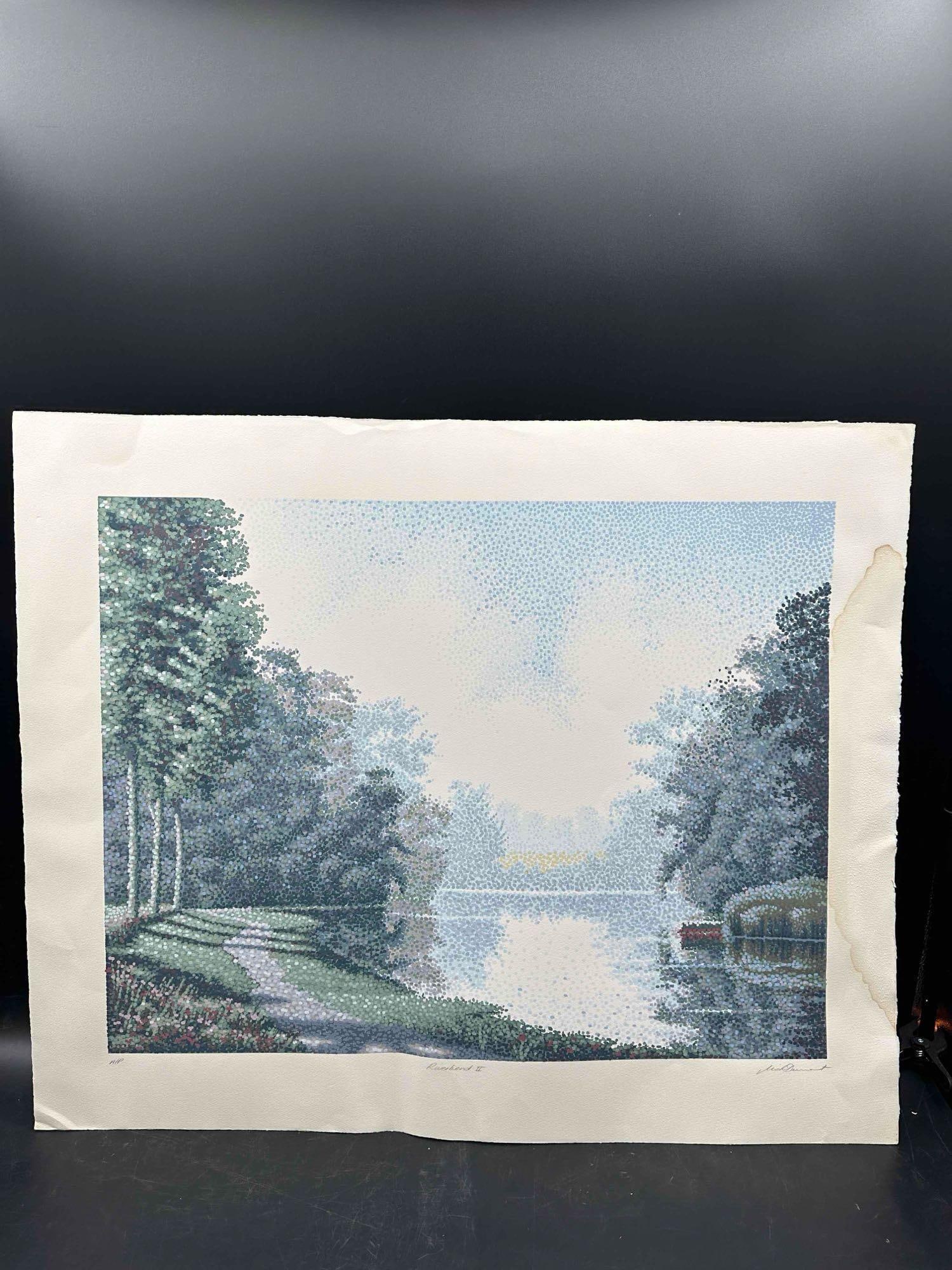 Riverbend II by MacDurant Oil Painting: A pointillist-style landscape print depicting a peaceful riverbend surrounded by lush green trees and soft reflections on the water. The work is titled Riverbend II and hand-signed by the artist MacDu