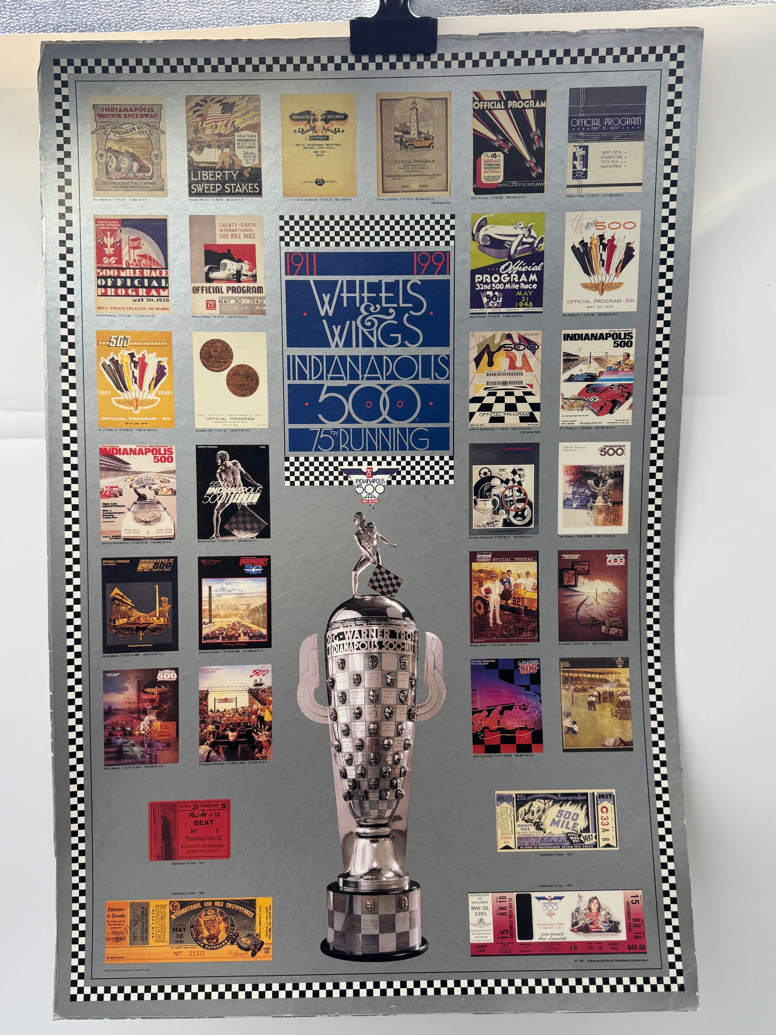 "Wheels of Wings Indianapolis 500" Poster: Poster featuring "Wheels of Wings Indianapolis 500" imagery. The poster showcases various Indianapolis 500 memorabilia and imagery. Dimensions: 37 x 24 inches.