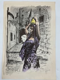 "Woman with Jug" by Arthur Bar-On (Israel, b.1943) Lithograph