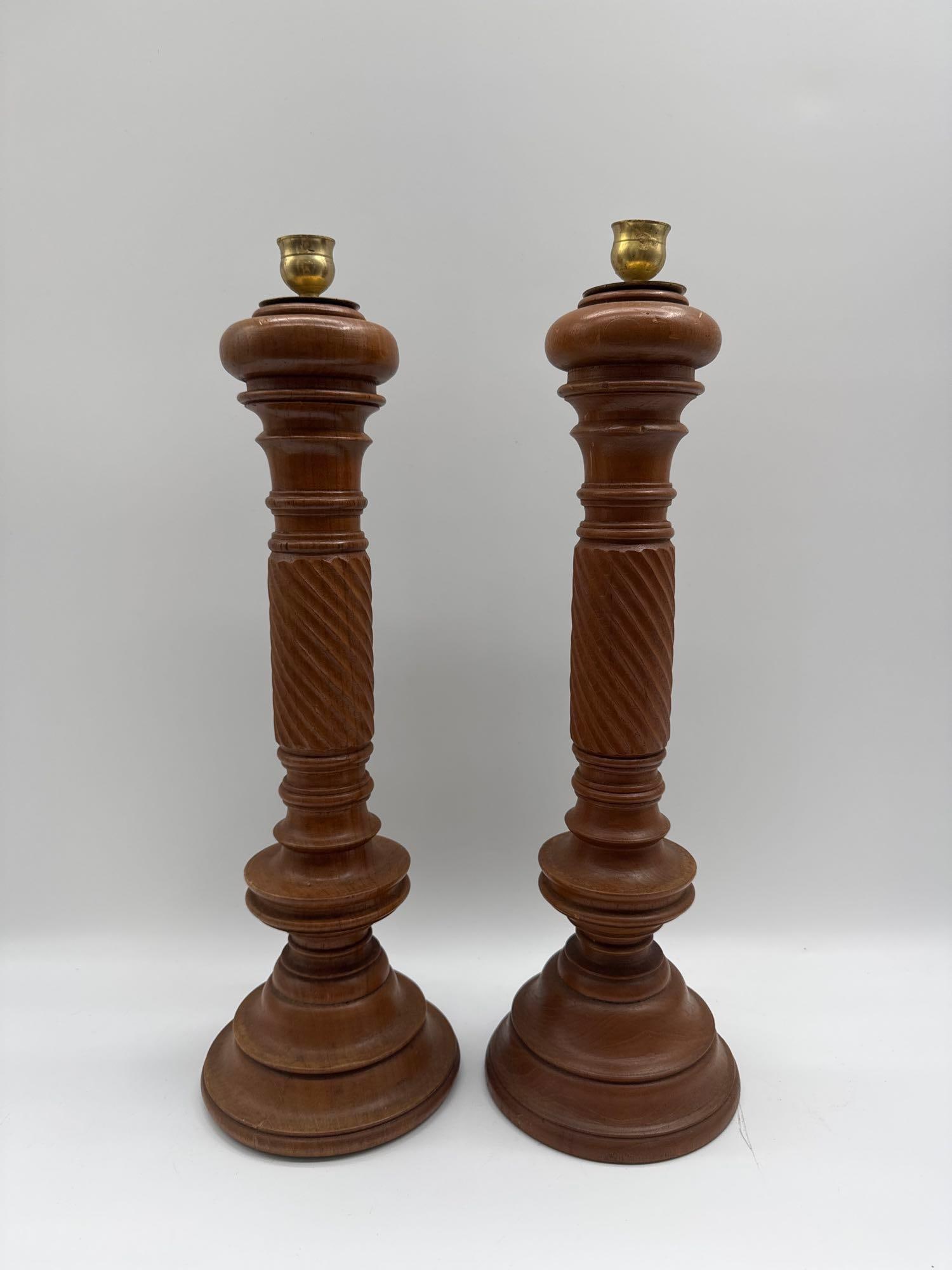 Pair of Large Wooden Candlesticks with Brass Candle Cups (1 of 3)