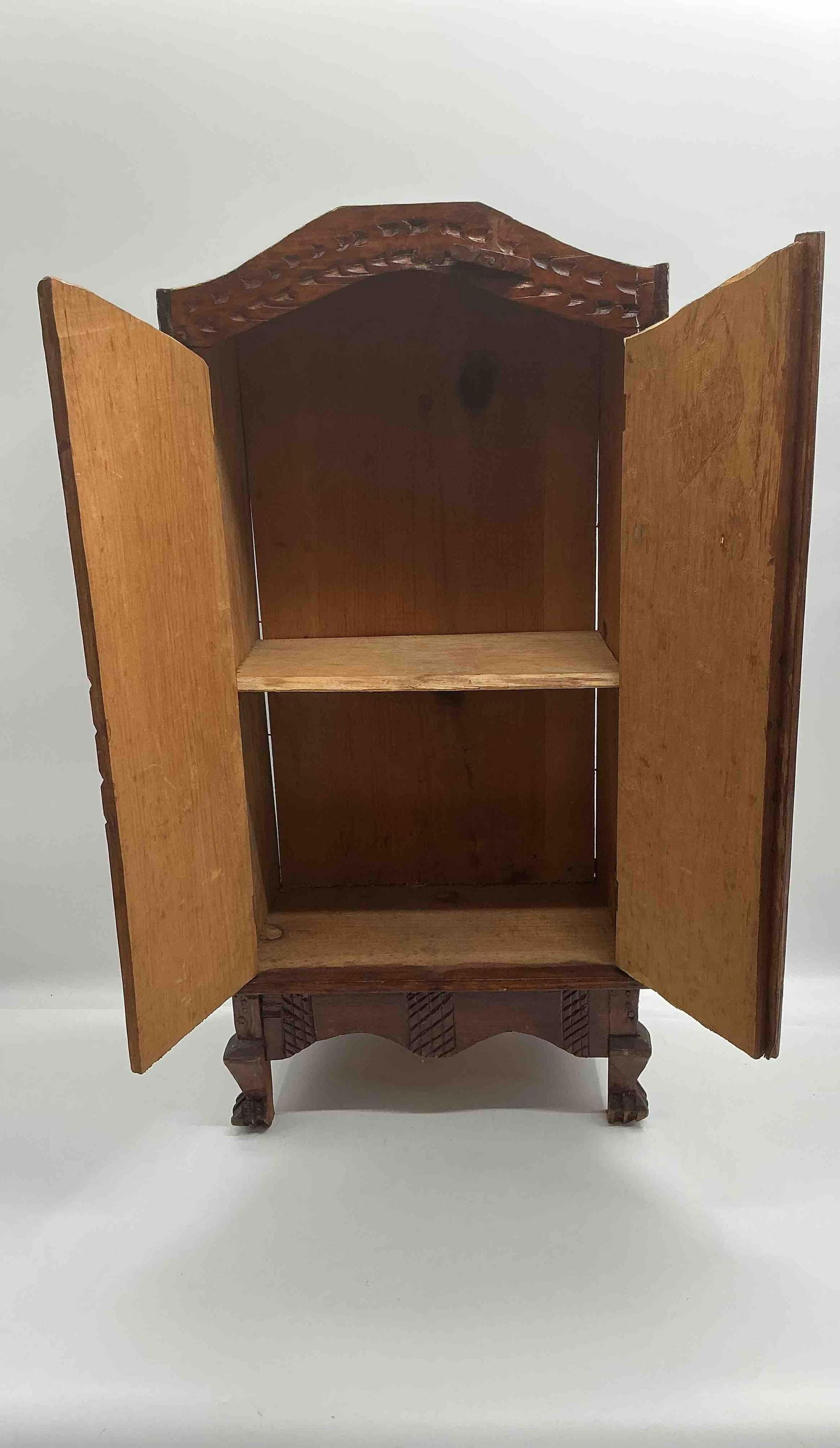 Hand-Carved Folk Art Wooden Cabinet with Floral and Geometric Motifs - 2