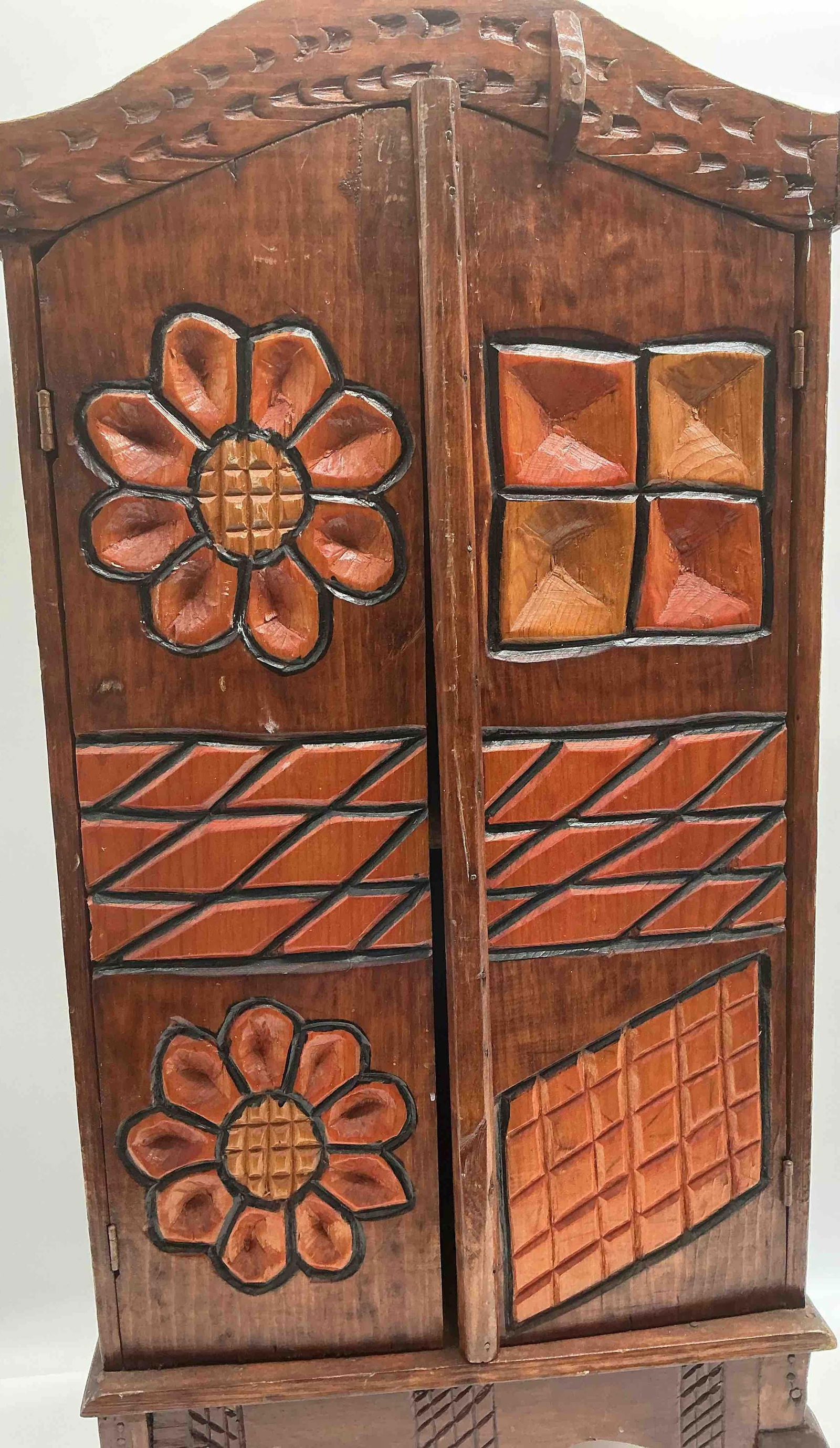 Hand-Carved Folk Art Wooden Cabinet with Floral and Geometric Motifs - 4