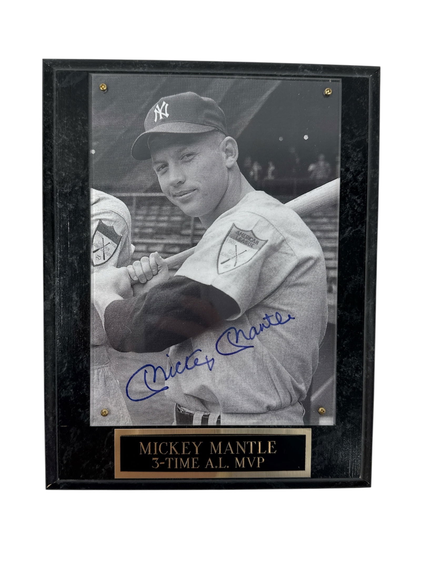 Mickey Mantle Signed New York Yankees Photograph with COA: This framed black-and-white photograph features legendary New York Yankees icon Mickey Mantle posed with a bat during his playing career. The image has been hand signed by Mickey Mantle in blue ink,