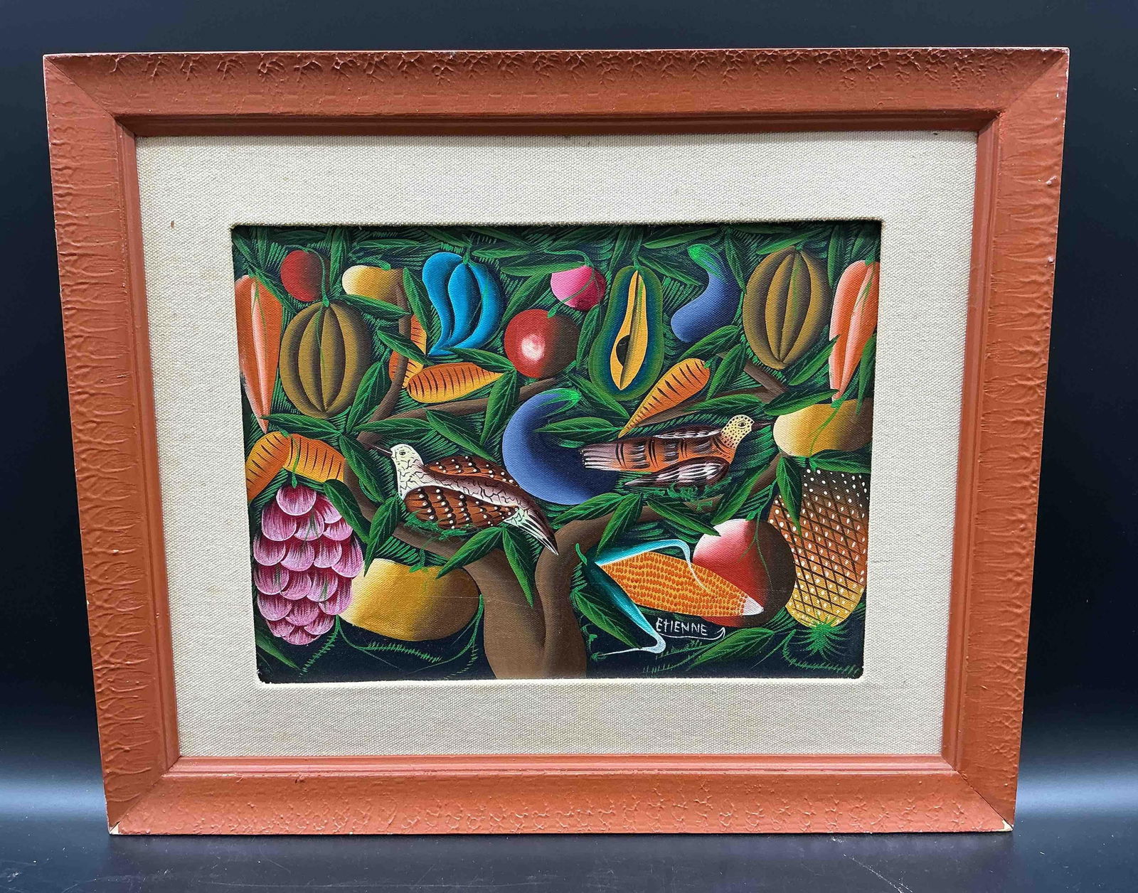 Jungle Harvest with Birds by Etienne: Artist: EtienneDescription: Colorful painting of tropical fruits and birds surrounded by dense green leavesMedium: Acrylic on canvas