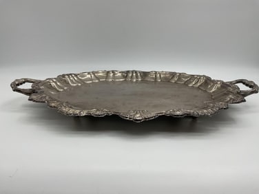 Large Ornate Silver-Plated Serving Tray with Handles