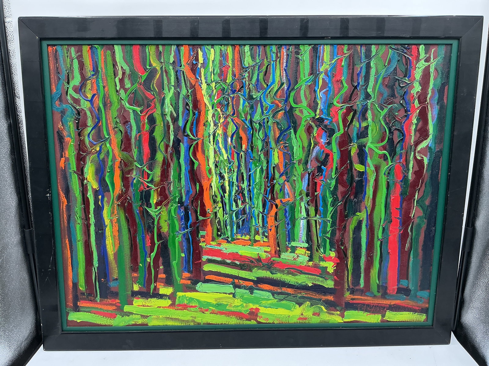 Forest Landscape by Ron Allen Cheek (American, 1947-2020) Oil on Canvas: Description: Abstract landscape painting featuring a colorful forest scene. The artwork uses vibrant colors and bold brushstrokes to create a dynamic and expressive composition. Medium: Oil on ca