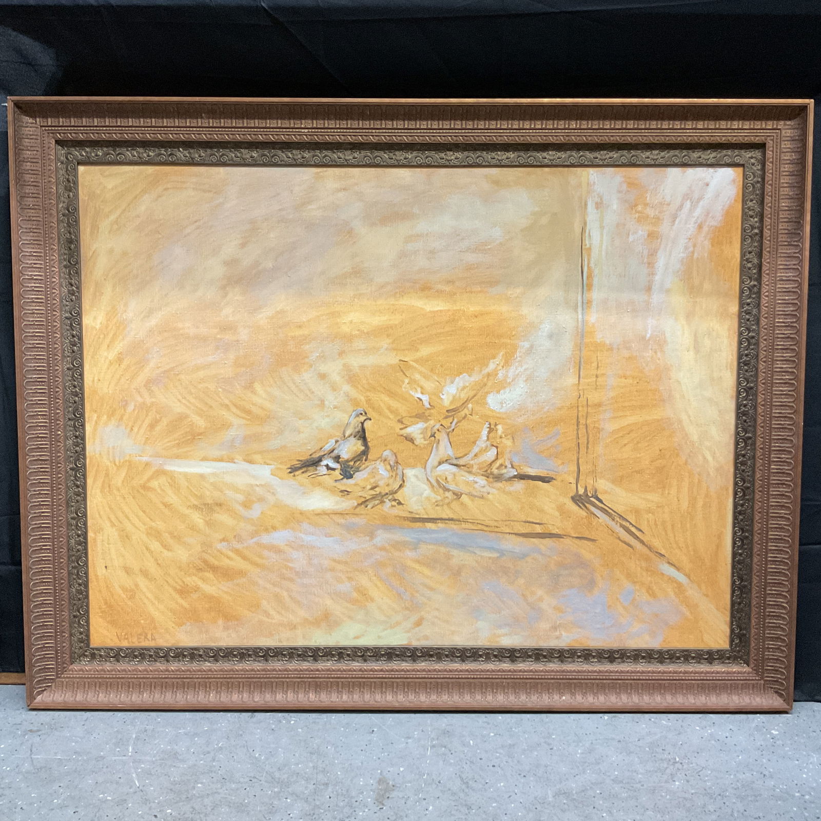 "Doves" by Valera (Cuban) Oil on Canvas: Description: Painting depicting doves, signed "Valera" lower left. Framed. Medium: Oil on canvas Dimensions: H:43in W:55in 