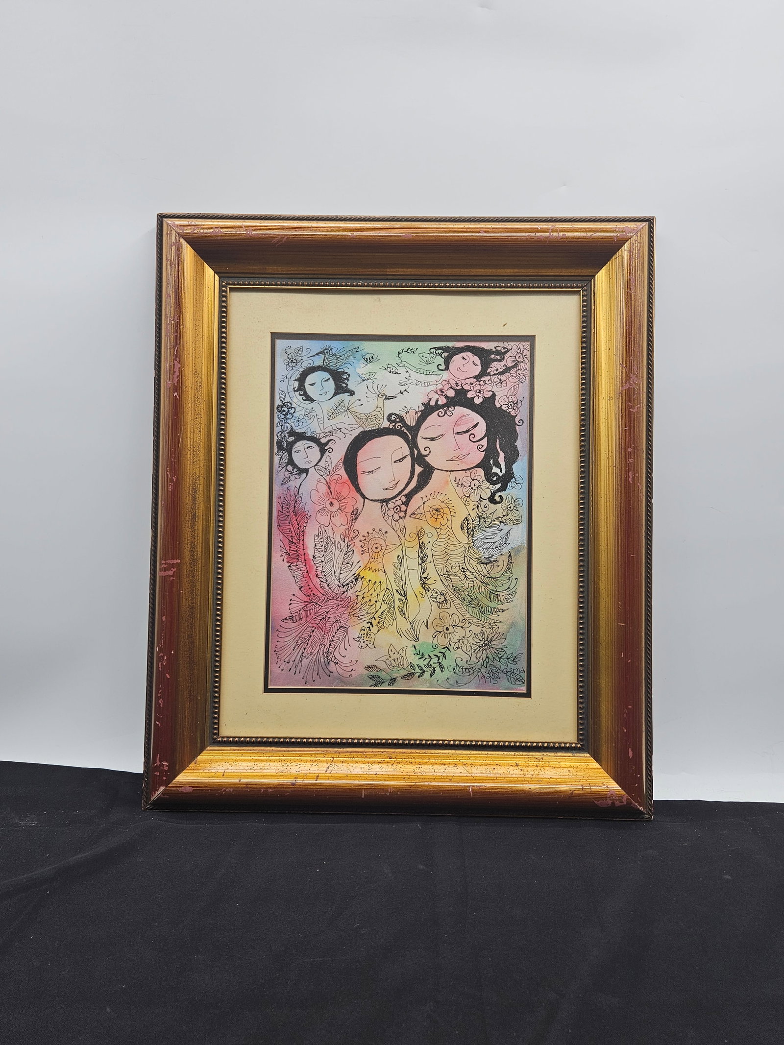 Two Women with Flowers by Clara Ledesma (Dominican, 1924-1999) Watercolor (1 of 4)