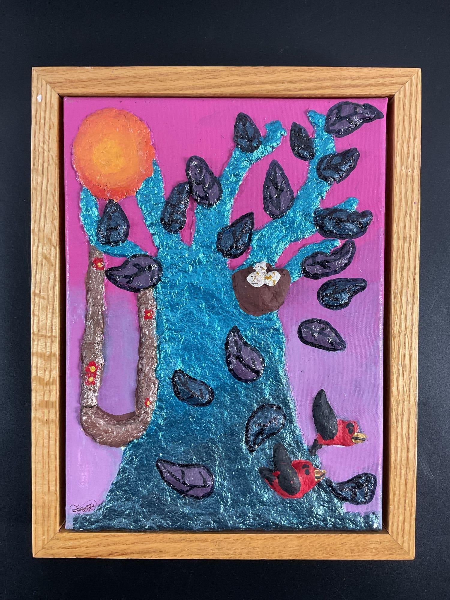 "Psalm 1-3" by Tyra Romero (Cuban/American) Mixed Media: This vibrant mixed-media artwork showcases a surreal tree with a textured, metallic blue trunk and dark purple leaves set against a bold magenta background. The tree's branches hold a nest with de