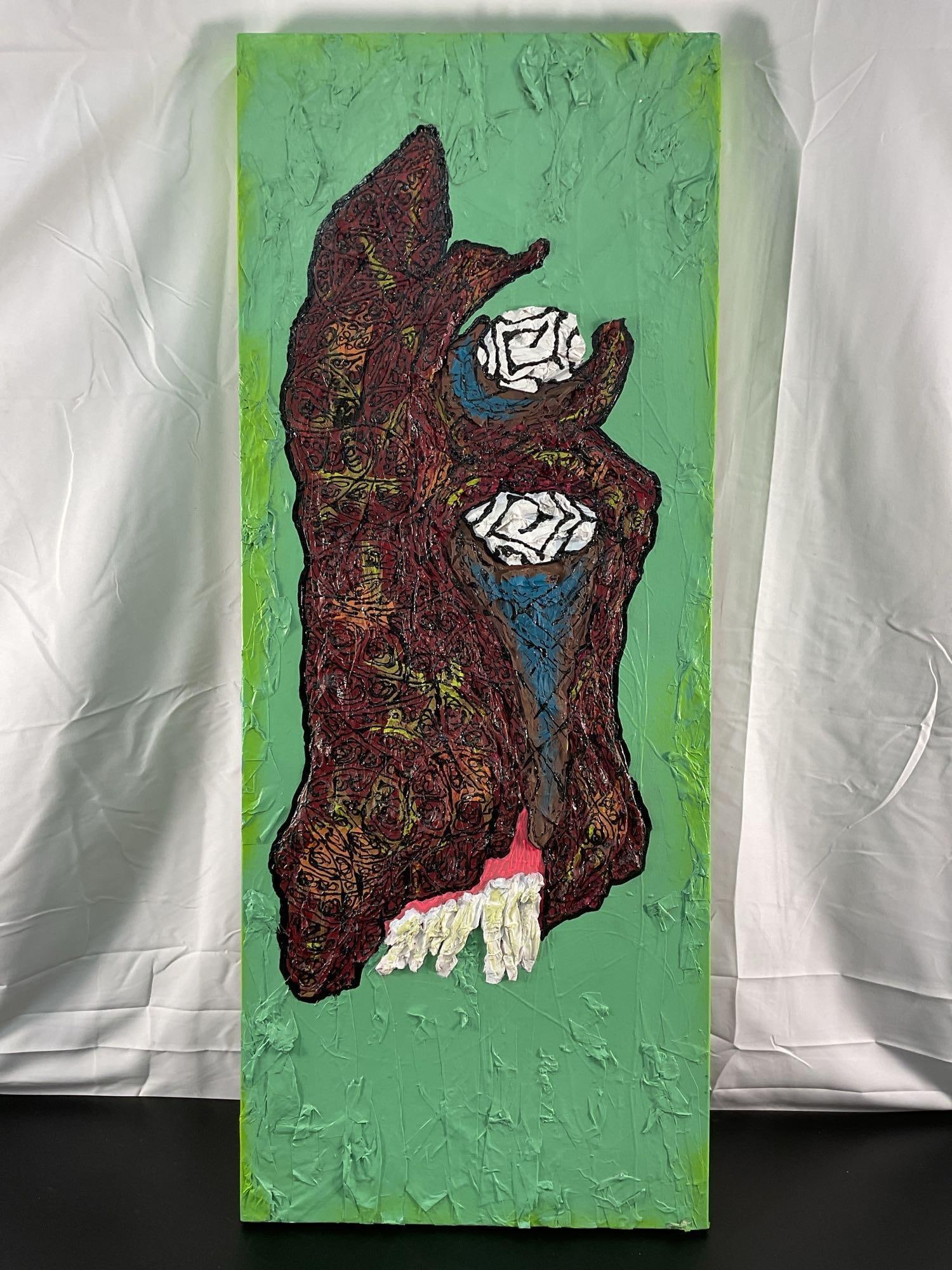 "Abstract Roots" by NYC street Artist Elix: This striking abstract painting by Puerto Rican American Artist "Elix" features an intricate, textured design with vibrant colors. The dominant element is an organic, root-like str