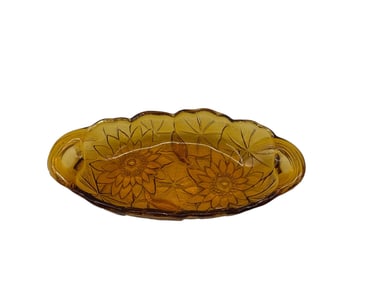 Vintage Amber Glass Dish with Floral Design