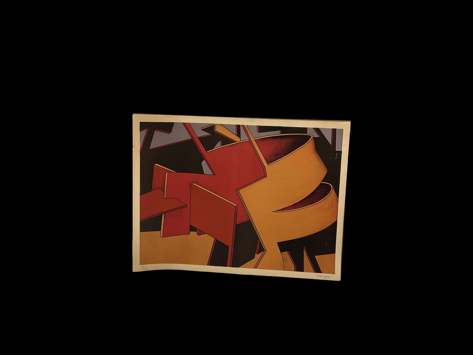 Sasha Green Abstract Print, 87/250: Abstract print by Sasha Green, numbered 87/250. Features geometric shapes in red, orange, and black. Framed. Dimensions: 24 x 32 inches.