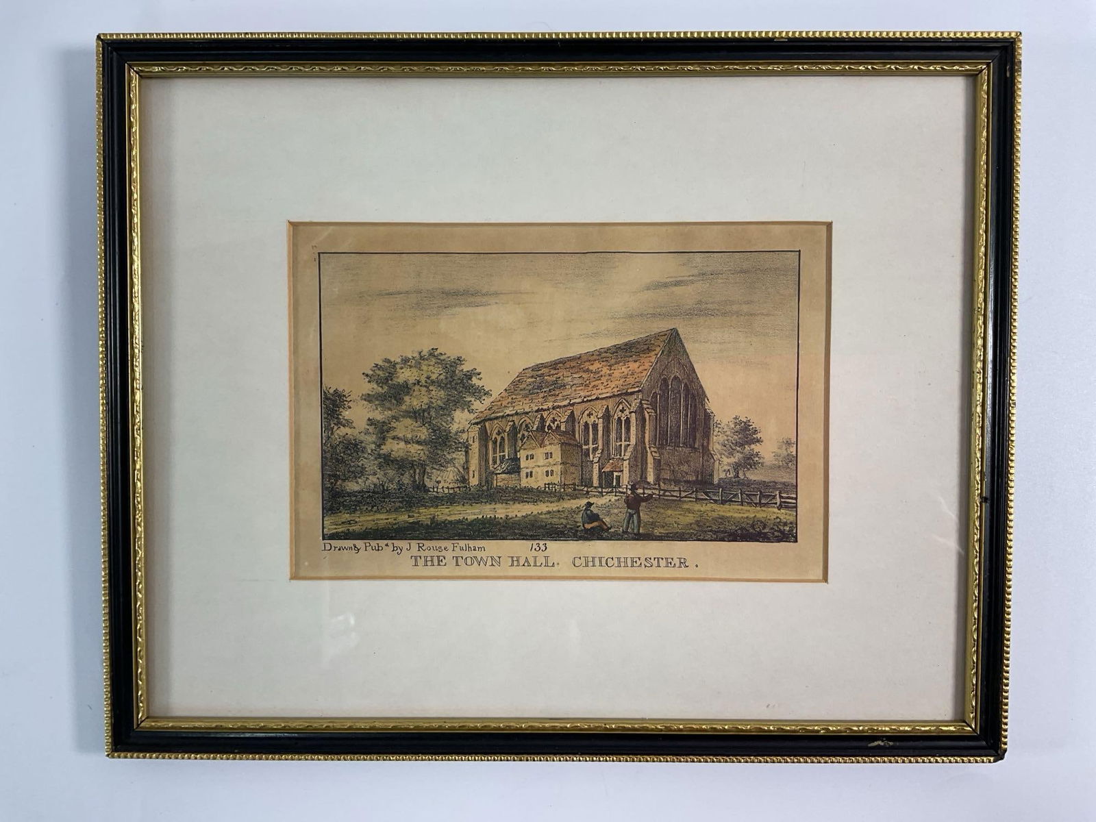 J. Rouse Fulham (English) Antique Lithograph: Titled "The Town Hall, Colchester by 19th century English Illustrator J. Rouse Fulham. Medium: Hand colored lithograph Dimensions: H:10in L:12in 