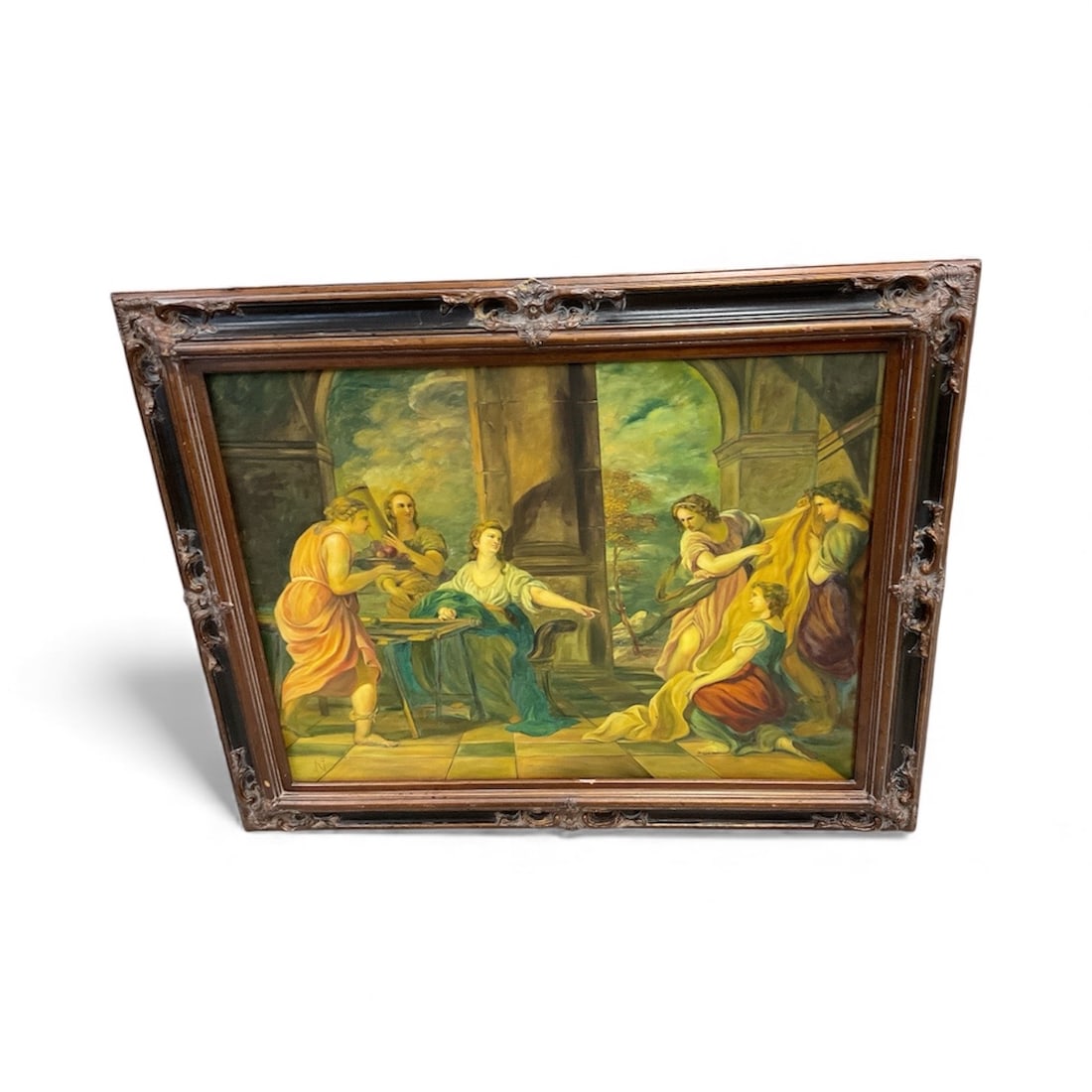 "Scenes of Celebration with Musicians" Italian Oil Painting: Description: Bolognese school painting depicting a classical scene with figures in an architectural setting.Dimensions: H:47in L: 59in Framed.
