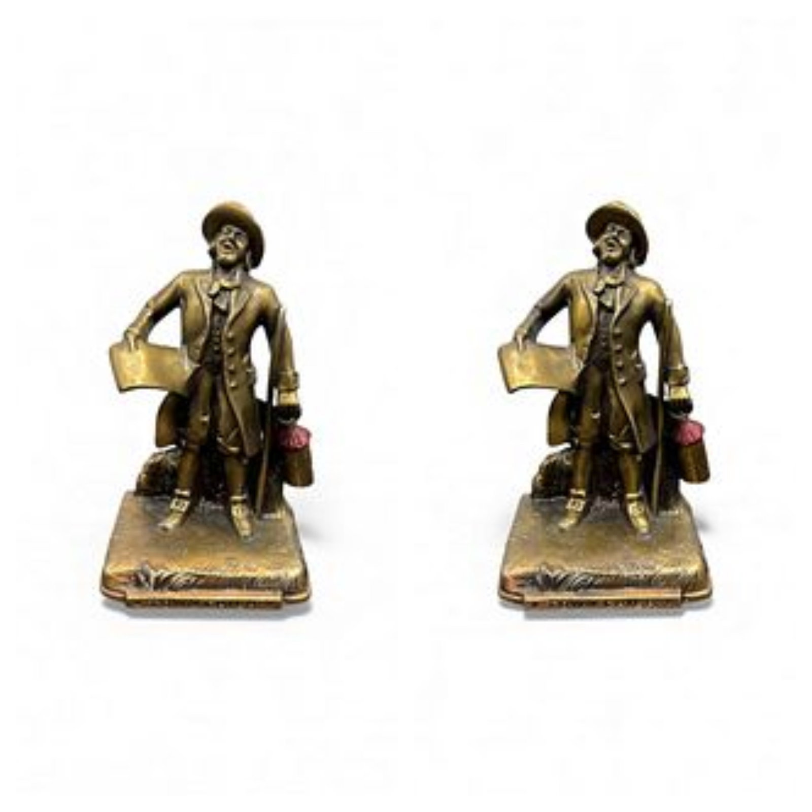 Pair of Antique bronze figurines bookends: Description: Antique bronze figures depicting a man holding a scroll and bucket.Dimensions: H: 7 in, L: 4 in, W: 3 in. EACH