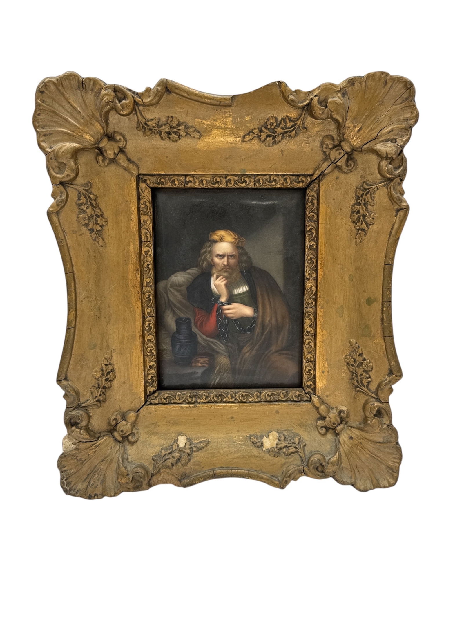 Baroque 18th Century Portrat of Christopher Columbus: Description: A hand painted portrait depicting Christopher Columbus in chains after his arrest by Comissioner Francisco de Bodilla. Most likely made by KPM German Porcelain company. Medium:
