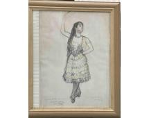Flamenco Dancer by Louis Kromberg (American, 1872-1965) Drawing: This elegant early 20th-century drawing by Louis Kromberg, dated April 1904, captures a flamenco dancer in mid-performance. Executed in pencil with delicate touches of colored pencil, the dancer is sh