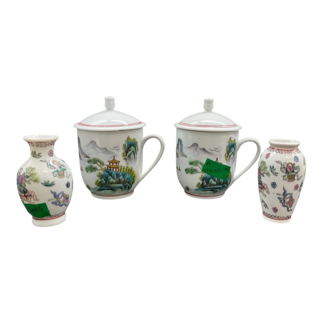 Chinese Porcelain Cups With Lids and Miniature Vases Set of Four: This decorative group consists of two Chinese porcelain lidded cups and two miniature vases, all hand decorated with traditional scenic and floral motifs in polychrome enamels. The cups feature