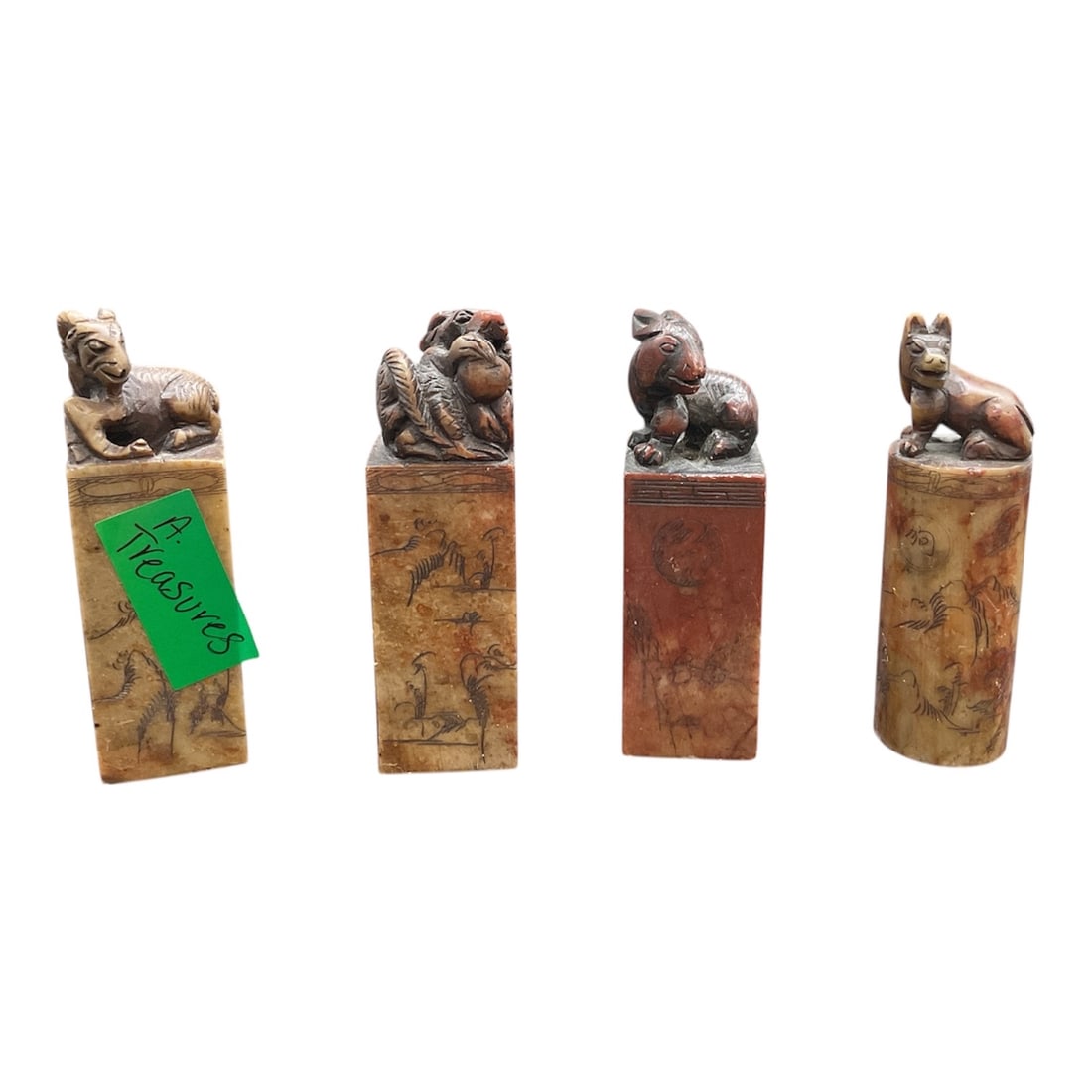 Set of Four Chinese Stone Seal Stamps with Carved Animal Finials (1 of 5)
