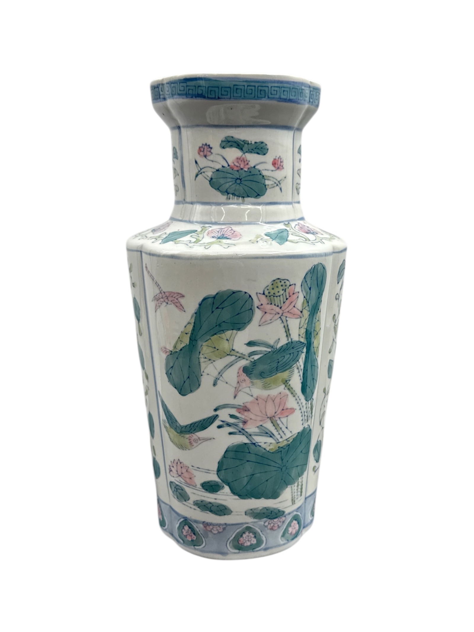 Large Asian Porcelain Vase with Lotus Motif: Decorative Asian porcelain vase featuring a baluster-form body with a flared neck and rolled rim. The surface is hand painted with lotus leaves, blossoms, and aquatic plants in soft green, pink, and