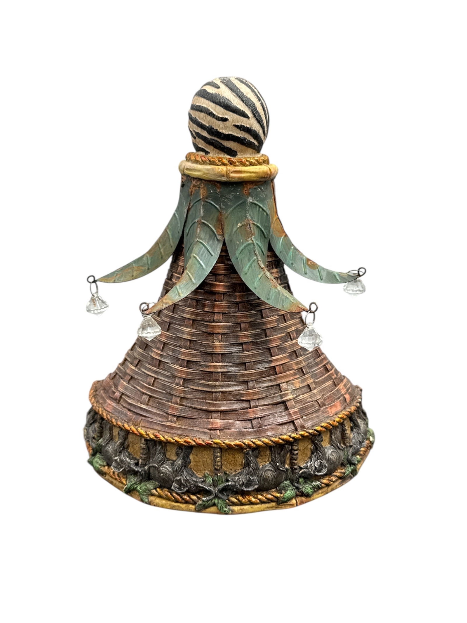 Safari Themed Wall Decorative Sculpture: Decorative safari-themed wall piece featuring a stylized sculptural form with woven textures, painted surface details, and metal elements. The design incorporates organic materials and earthy tones,