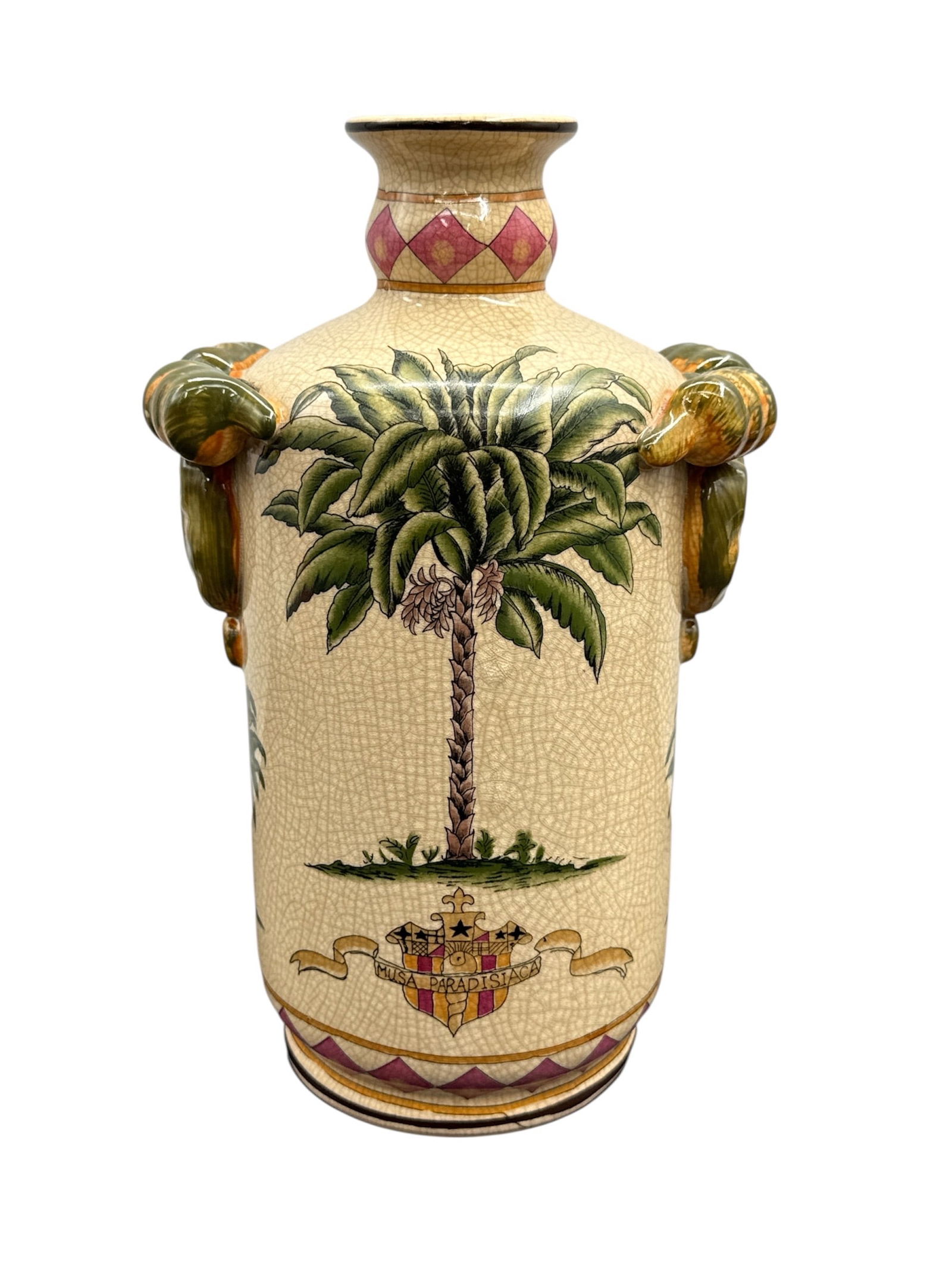 Cracked Glaze Ceramic Vase with Palm Tree Motif and Lion Mask Handles: Decorative ceramic vase featuring a central palm tree motif with heraldic-style detailing on the front and raised lion mask handles on each side. The surface is finished with a crackle-style glaze