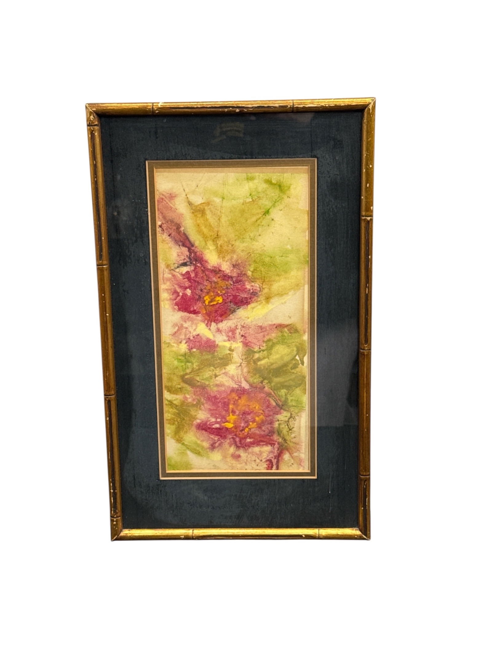 Framed Abstract Mixed Media Composition: Abstract mixed media composition featuring layered washes and textural elements in shades of green, yellow, and magenta. The vertical format emphasizes movement and organic flow, with overlapping