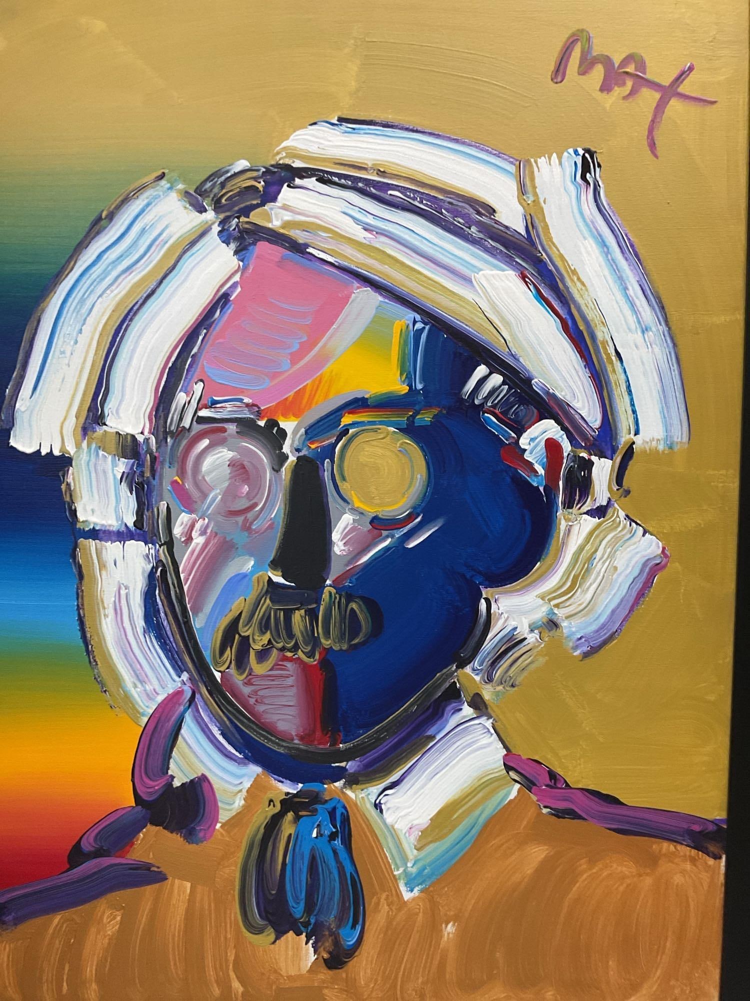 "Andy With Mustache" by Peter Max (German/American, b.1937) Acrylic: Bold and vibrant portrait of Andy Warhol with a mustache, created by pop artist Peter Max. This colorful work features Max’s signature psychedelic palette and fluid linework, capturing Warhol in