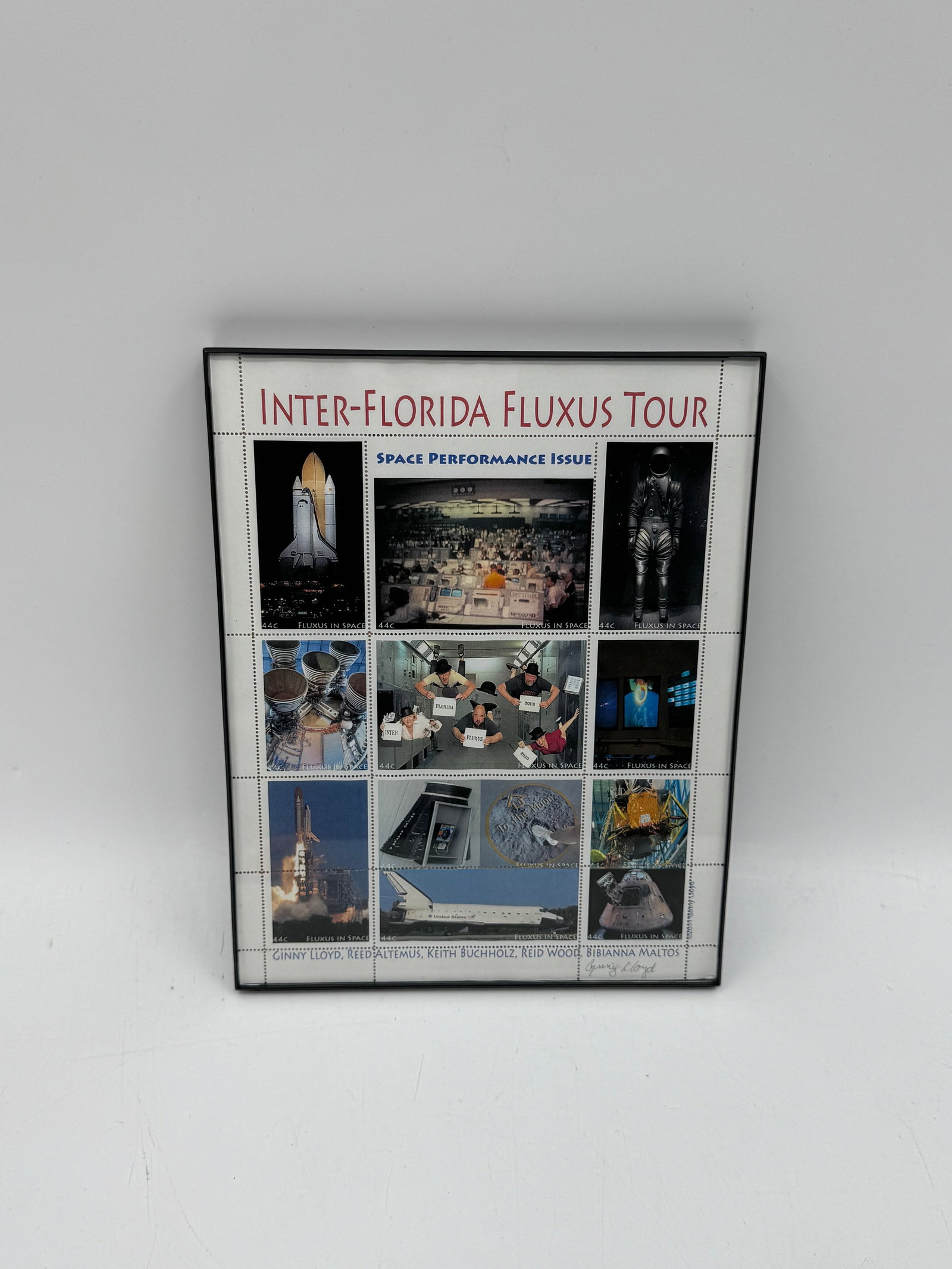 Ginny Lloyd “Inter-Florida Fluxus Tour,?? 2010 Artistamp Giclée on Perforated Paper: This framed artistamp work by Ginny Lloyd is titled Inter-Florida Fluxus Tour