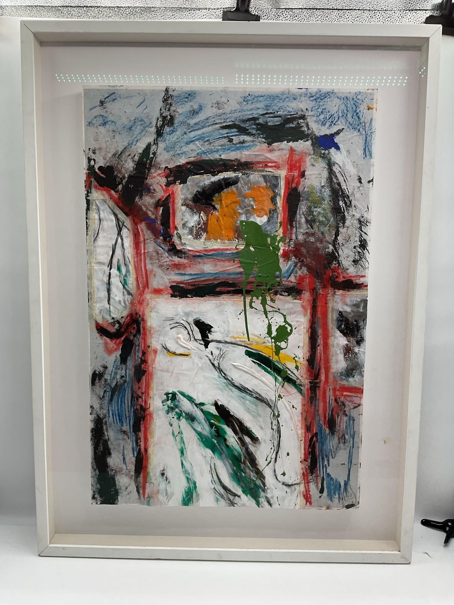Abstract Expressionist Interior by Carlos Felix (Mexico, B. 1981): Bold and dynamic mixed media painting depicting a chaotic, abstracted interior scene with expressive brushstrokes and layered colors. Red framing lines and organic green and black drips add visual mov
