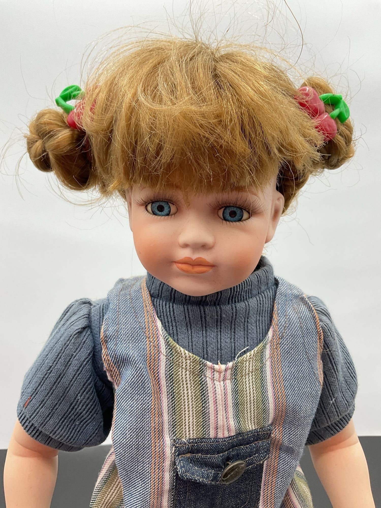 Porcelain Doll in Striped Overalls with Pigtails - 2