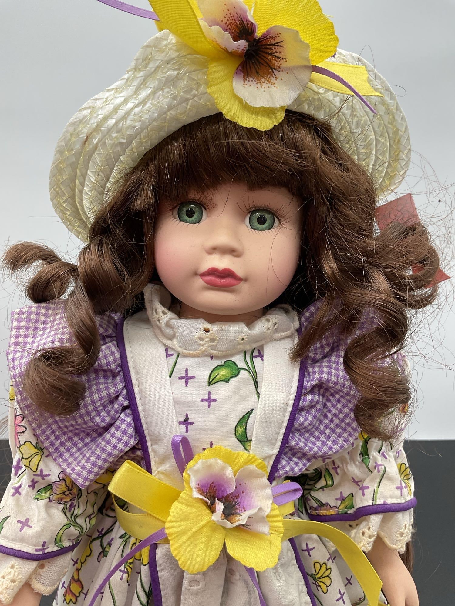 Porcelain Doll in Purple Floral Dress with Sun Hat - 2