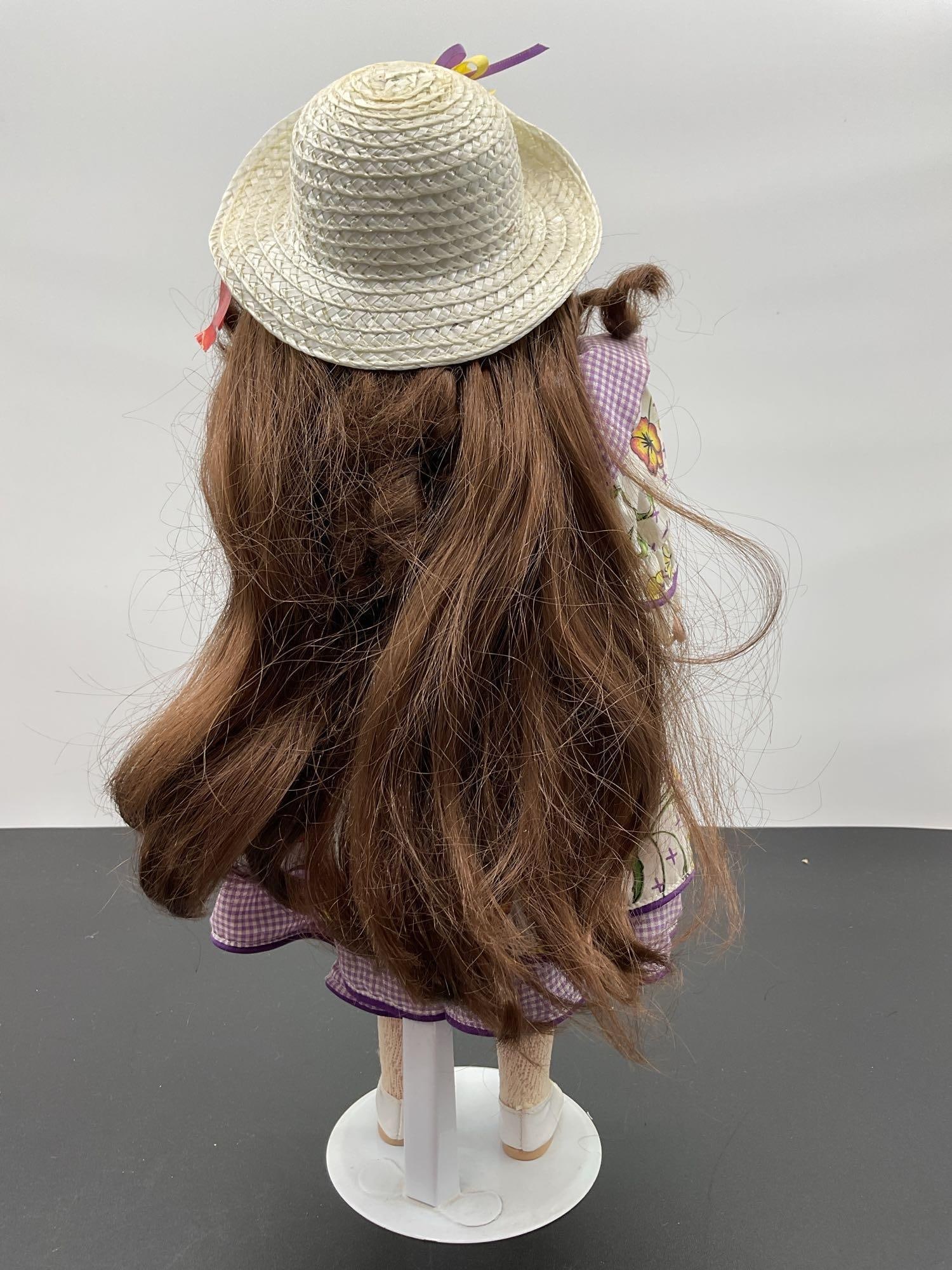 Porcelain Doll in Purple Floral Dress with Sun Hat - 3