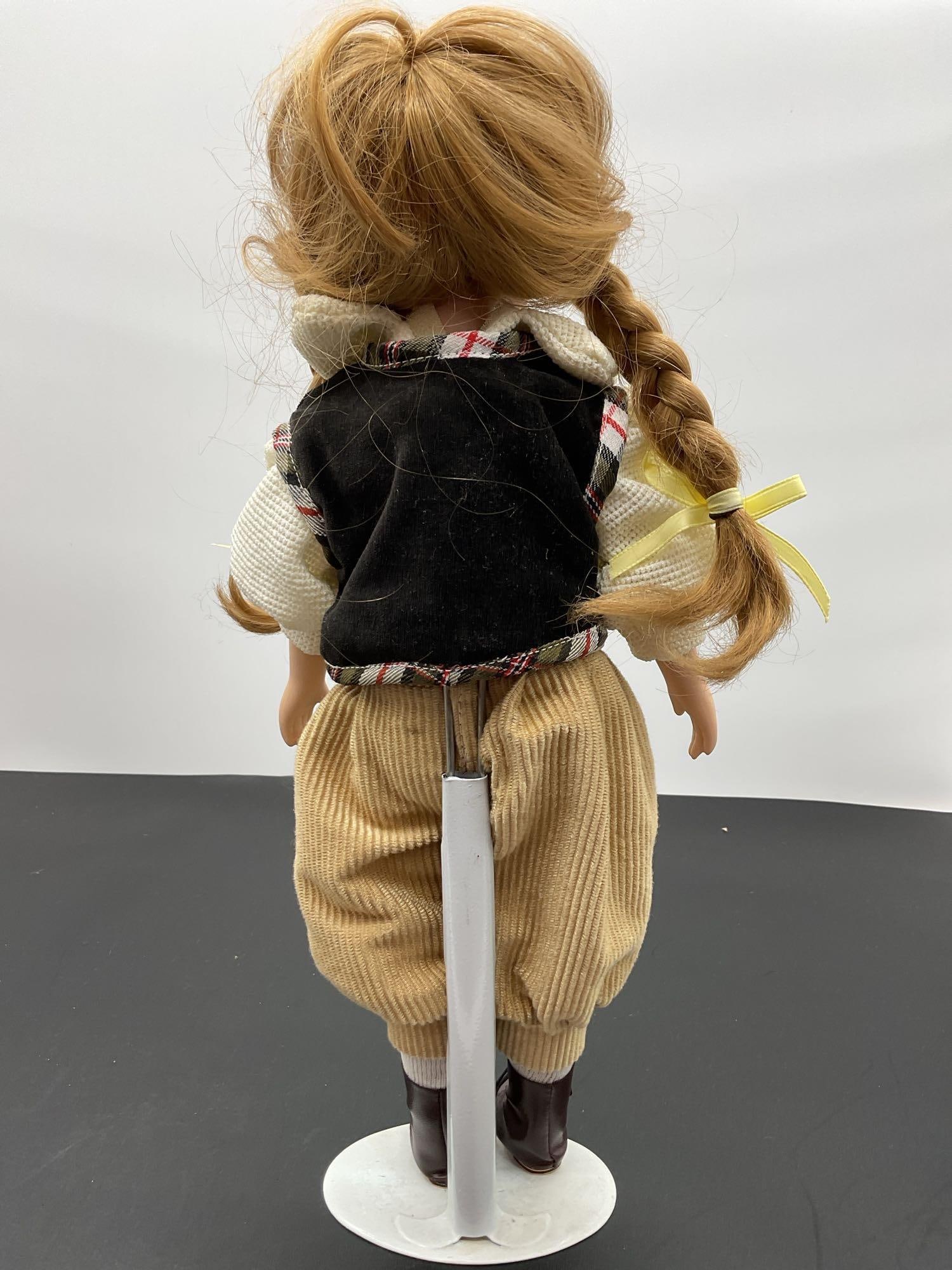 Porcelain Doll in Vintage Newsboy Outfit with Pigtails - 3